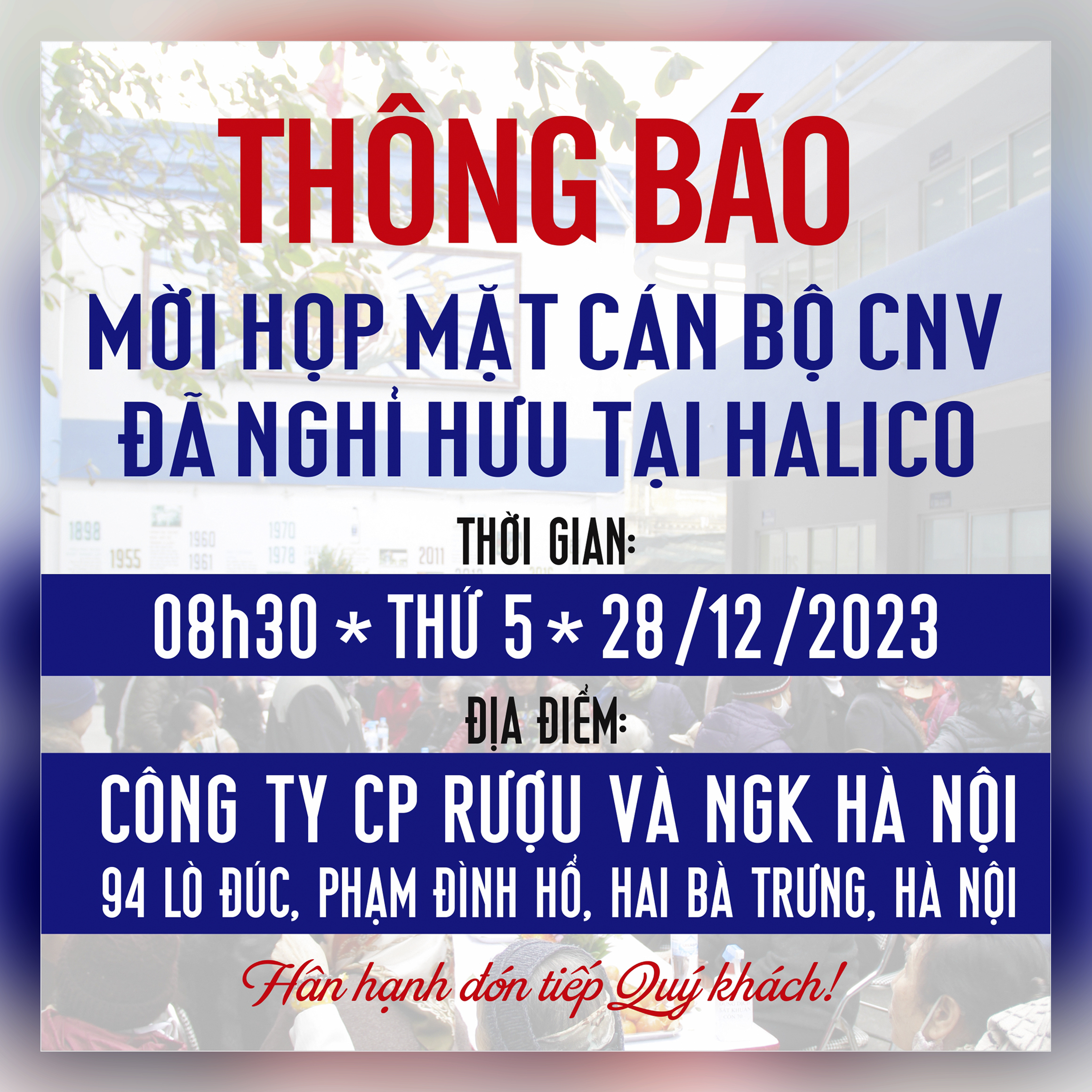 THÔNG BÁO MỜI HỌP MẶT CÁN BỘ CNV ĐÃ NGHỈ HƯU TẠI CÔNG TY